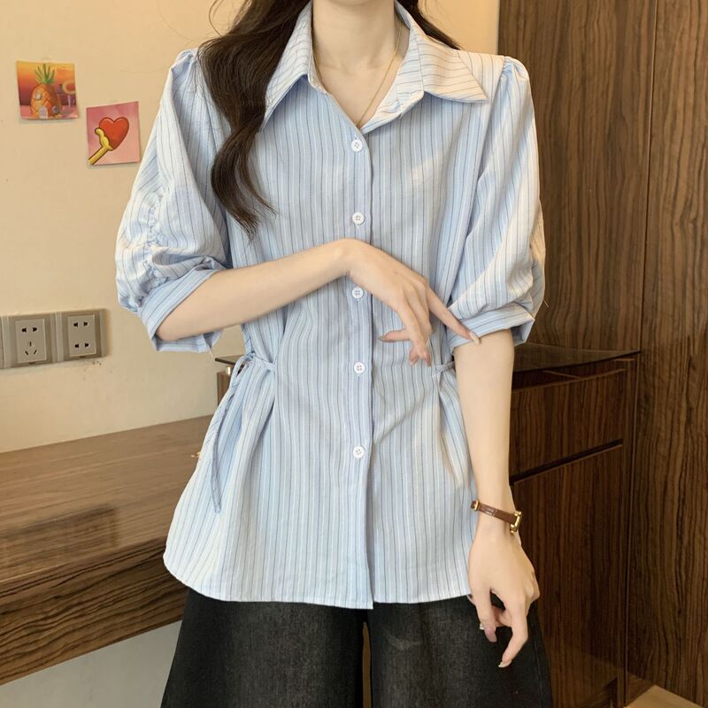 蓝色条纹女装法式短袖气质衬衫夏季大码2025收腰新款显瘦上衣白色|undefined