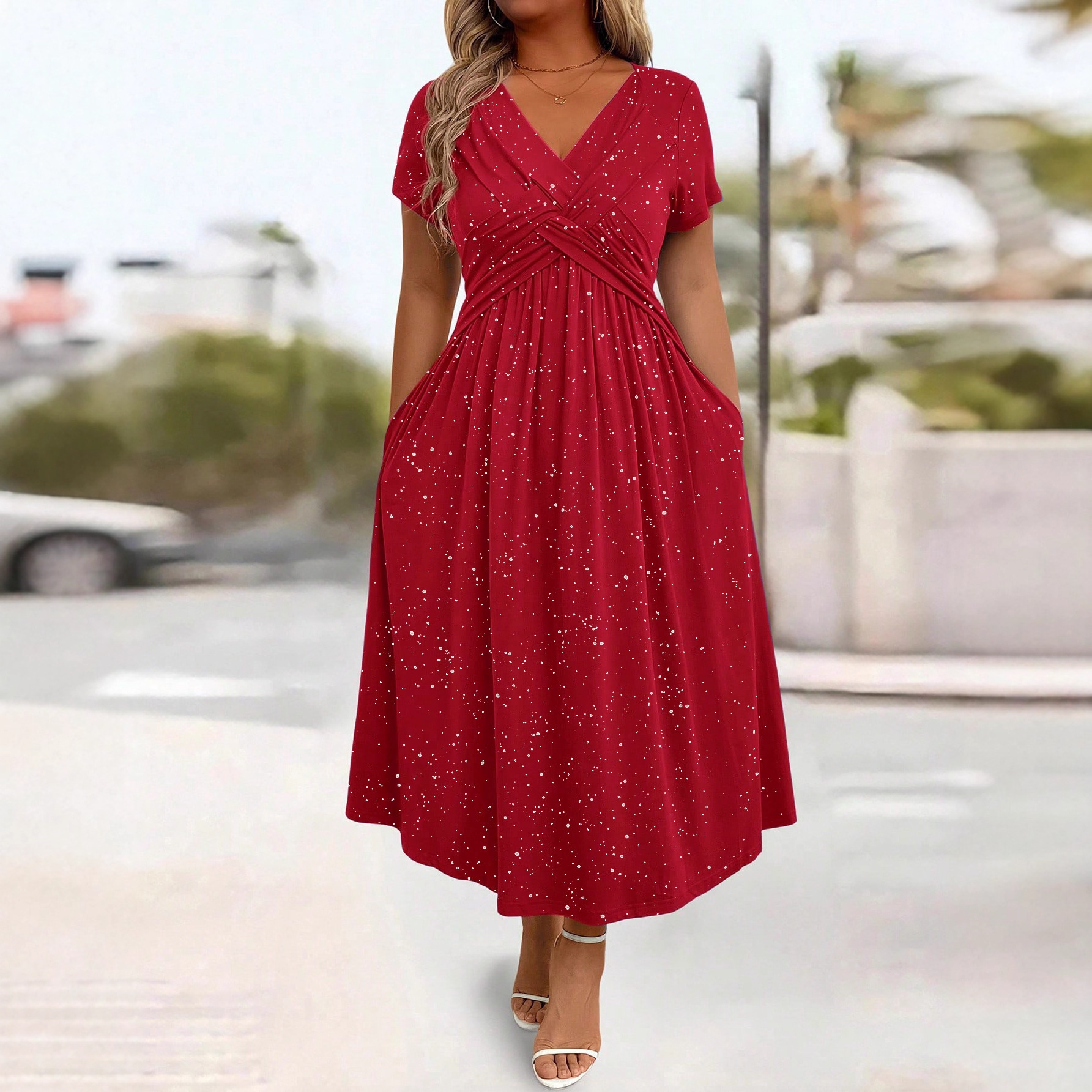 European and American Cross-Border New Style Waist-Cinching Elegant Powder Glitter Twist V-Neck Dress with Pockets