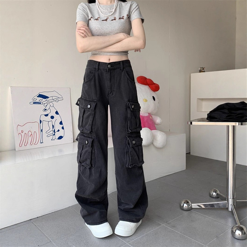 Women's Workwear Jeans, Slim-Fit Loose Wide-Leg Work Pants, Cool and Stylish Straight-Leg Denim Work Pants for Petite Women