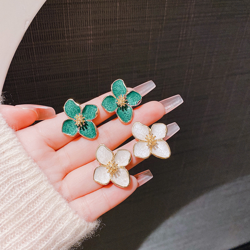 Silver Needle Clover Roselle Earnail Dropping Glaze Colorful Versatile Hepburn Style Minimalist Small Flower_voghion.com