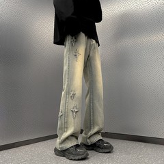 刺绣微喇牛仔裤男直筒宽松阔腿美式高街裤子潮牌痞帅水洗复古长裤