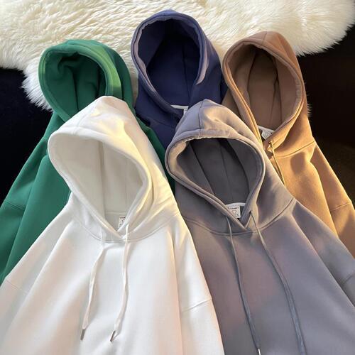 Dark green solid color hooded fleece-lined sweatshirt for men, autumn/winter basic style, oversized casual coat