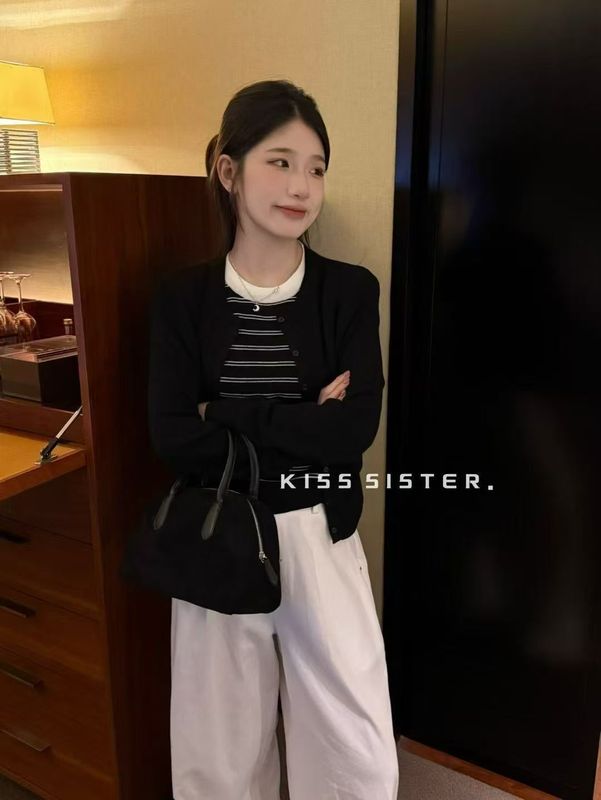 韩版圆领假两件条纹针织开衫女上衣设计感小众小个子加厚毛衣外穿|undefined