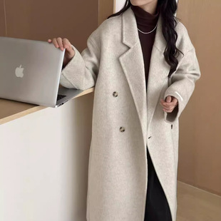 [long Hair High Buckle] 2024 Dongdaemun Autumn and Winter Classy Double-sided Wool Outwear Simple Elegant Long Style for Women