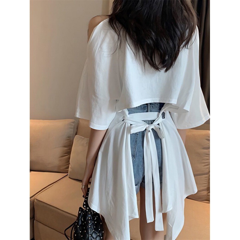 Short Front Back Long Elegant Hollow Off-shoulder Short-sleeved Long T-shirt plus size Summer Women's Niche Tunic Top Women's Ins