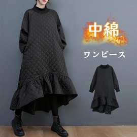 秋冬季日系新款大码女装韩版高领棉衣菱格加厚棉外套荷叶边连衣裙