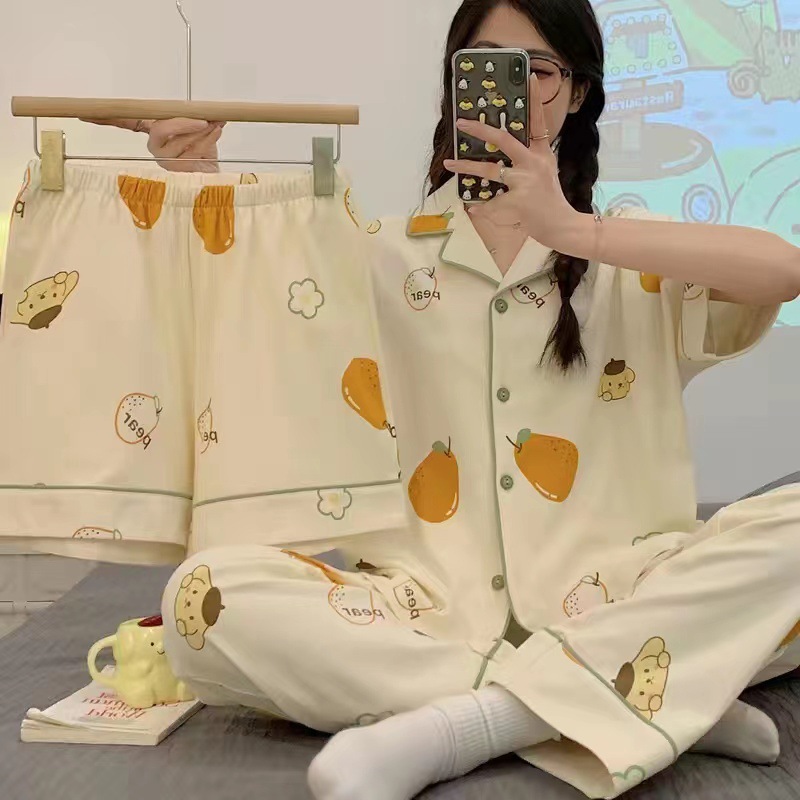 Pijamas de verano para mujer 2025, nuevo conjunto de tres piezas de cárdigan de manga corta, talla grande, delgado, pantalones largos, conjunto de ropa para estar en casa