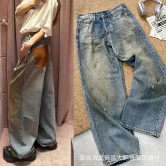 スターの同じスタイル 25 初秋の新しいレトロな古いスプラッシュインクレザーポケットデザインルーズストレートジーンズ