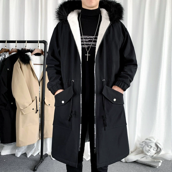 Black fleece trench coat with zipper