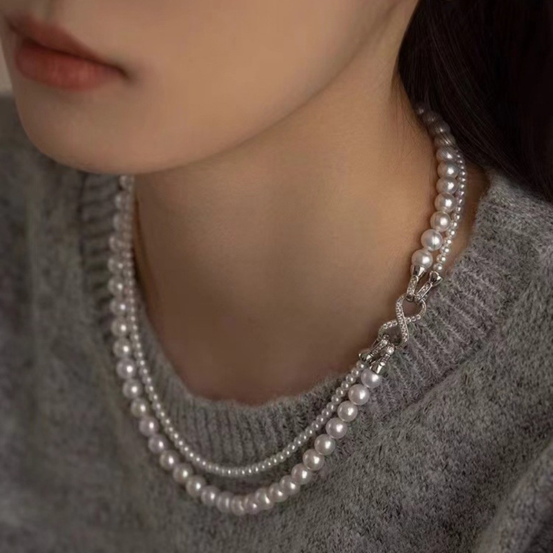 SHIJIA 진주 목걸이 여성의 2024 새로운 폭발 분리 가능한 8 자 버클 더블 레이어 쌓아 멀티 웨어 목걸이
