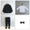 Black suit, trousers, shirt, bow tie, maple leaf lapel pin