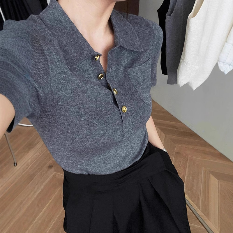2025 French Polo Collar Gray Short-Sleeved Knitwear Women's Summer Short High-End Elegant Right Shoulder T-Shirt Top