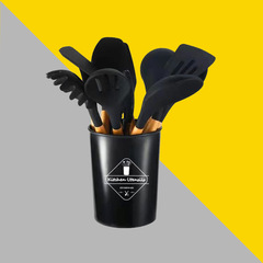 Wooden handle silicone kitchen utensil set 11-piece beech cooking spatula spoon colander baking 12-piece set with storage bucket