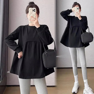 Pregnant women's clothing Korean-style age-reducing autumn and winter new round neck solid color T-shirt trendy mom plus size does not show pregnant belly-covering commuter top