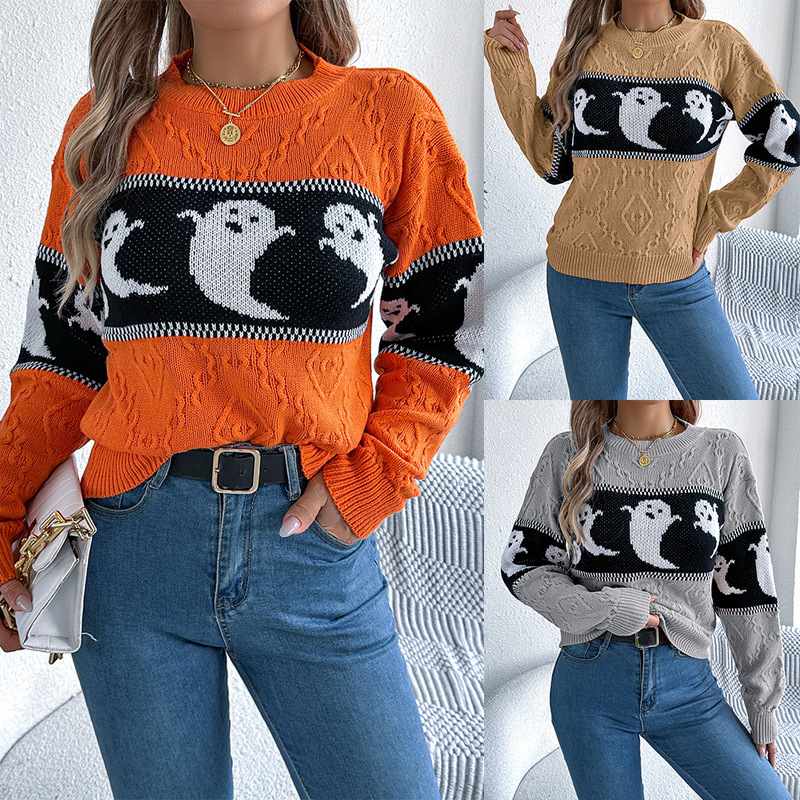 Autumn and Winter Real Shot Halloween Theme Ghost Contrasting Color Long-Sleeved Pullover Sweater Independent Station Export Cross-Border Women's Clothing
