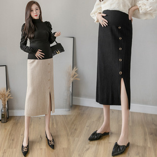 Real shot pregnant women autumn and winter knitted belly skirt fashion hip slimming one-step skirt