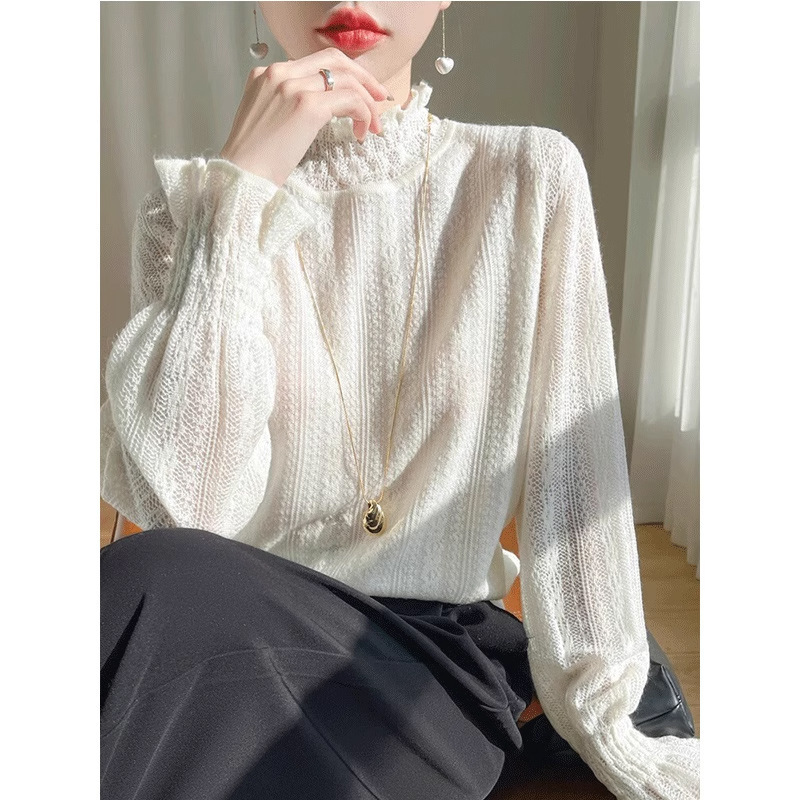 Small Chanel Style Thin White Lace Small Shirt Half High Neck Base Shirt Inner Sweater Hollow Gentle Top