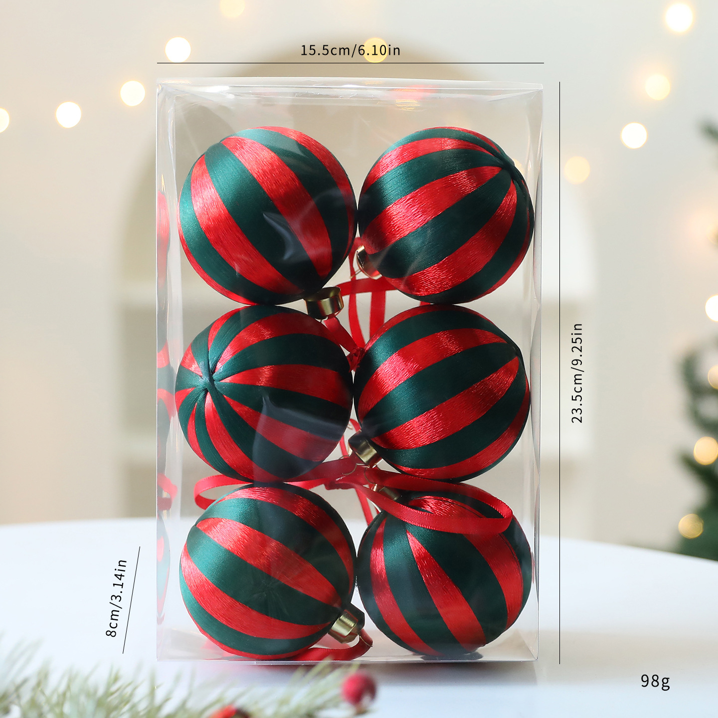 8CM Plastic Christmas Wrapped Ball Ornaments – 12-Piece Set (6 Red/Green & 6 Red/White, Foldable Box Packaging, Holiday Tree Decor, Window Display)_voghion.com