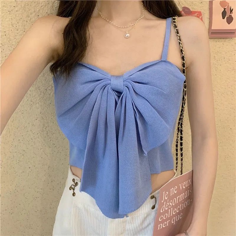Factory in stock Outfit Sexy Bow Sling Top Summer Girl's All-match Age-reducing Sleeveless Knitted Vest Trendy