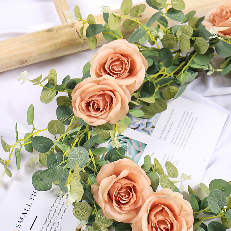 Eucalipto ratán Garland jardín arreglo de boda hojas de eucalipto Rose flor falsa simulación de arco dinero hoja de ratán