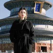 法式复古羊绒羊毛设计感带围巾高级氛围感女长外套双面羊毛大衣冬