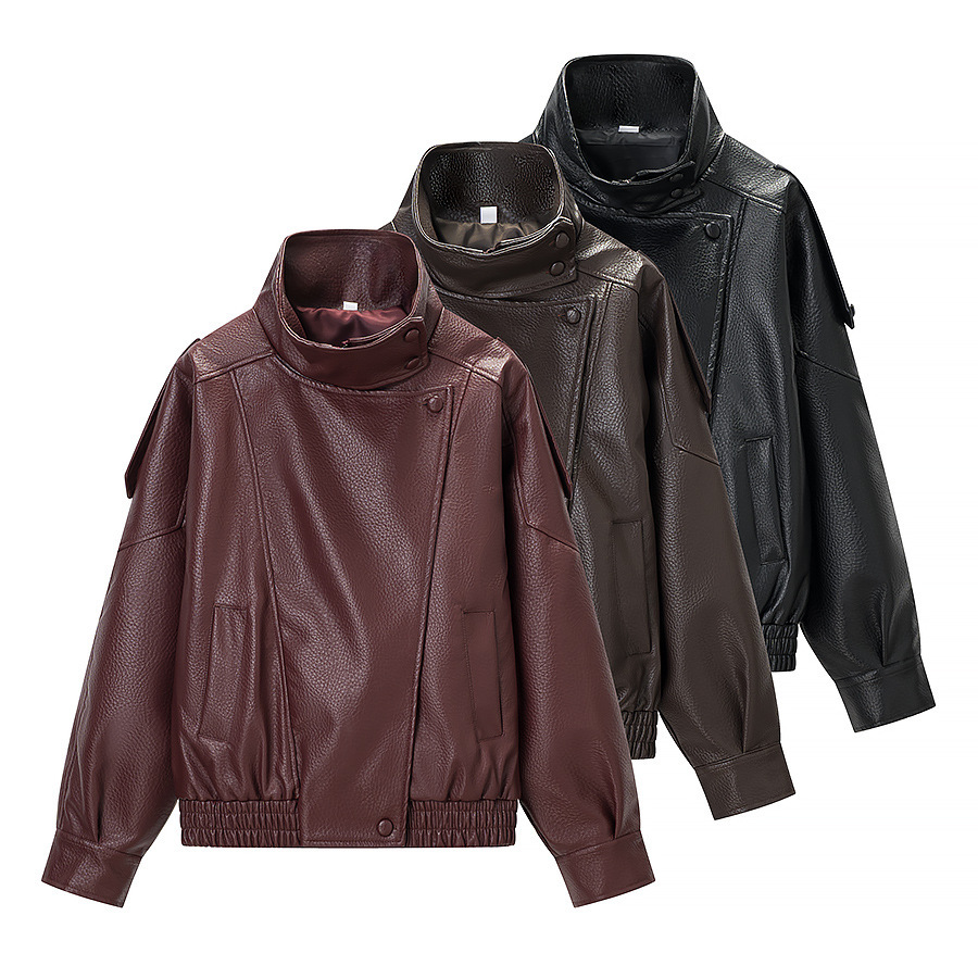 Foreign Trade Cross-Border 2026 Za Series Aliexpress European and American Style Retro Motorcycle Leather Jacket with Stand Collar