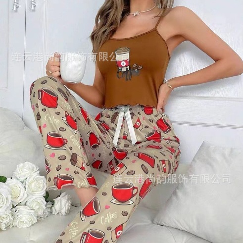 Conjunto de dos piezas de ropa informal para estar en casa, con camisola y pantalones largos, pijamas sexys, envío directo de fábrica, lujo ligero