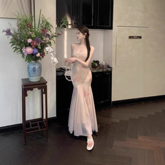 純粋な欲望スタイルの花柄メッシュサスペンダードレス女性の夏の気質ウエスト海辺の休暇ヒップカバーフィッシュテールロングスカート