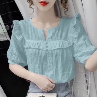 Chiffon Blouse for Women 2025 Summer New Fashion Ruffled Loose Doll Collar Shirt Stylish Slim Top Blouse