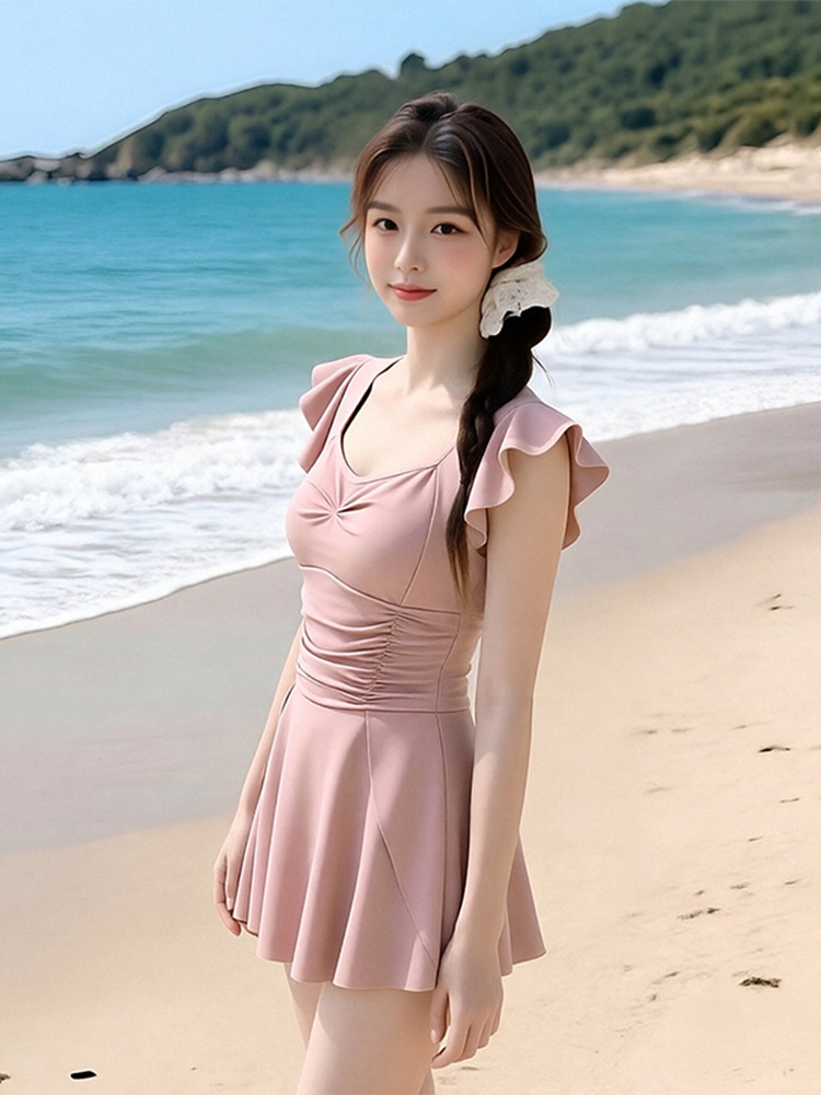 Traje de Baño Enterizo Tipo Falda para Mujer de Poliéster de Color Sólido para Aguas Termales image 5
