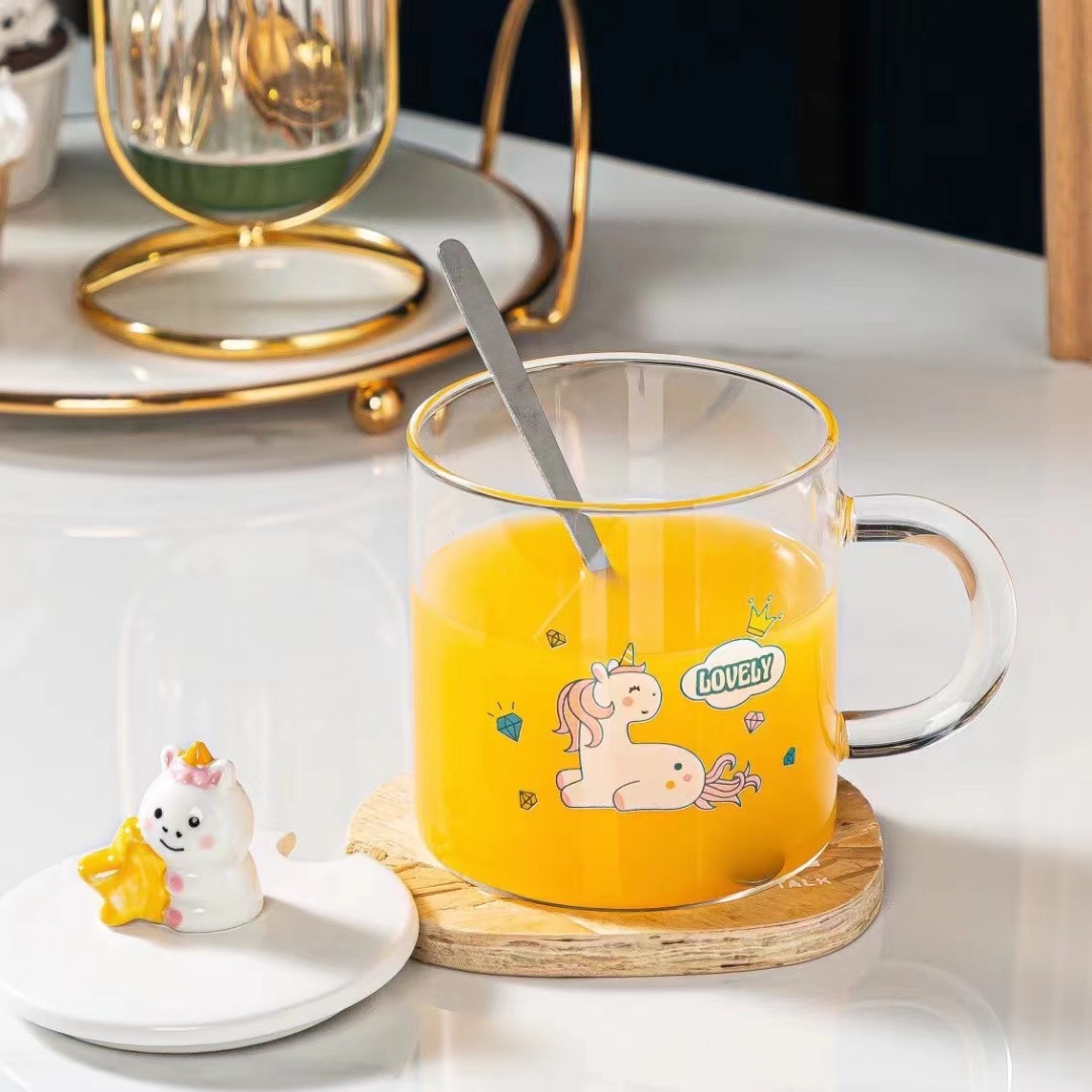 Regalo creativo de dibujos animados 3D tridimensional unicornio taza de vidrio con tapa cuchara lindo mascota taza de beber Oficina