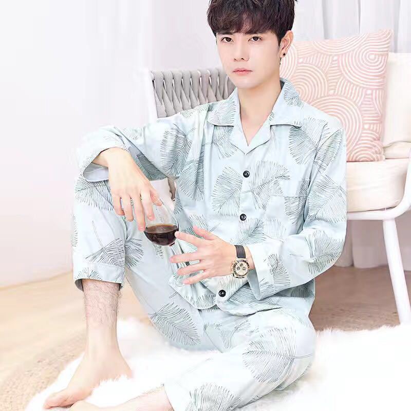 Jóvenes de mediana edad elegante ropa para el hogar otoño e invierno más traje de manga larga pijamas de solapa primavera y otoño de los hombres de punto de algodón cardigan