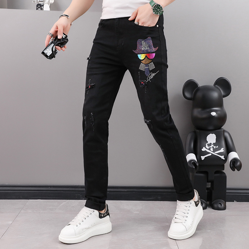 Autumn and Winter Men's Brand Thin Jeans Fashion Slim Fit Personalized Hot Drilled Hole Breaking Elastic Feet_voghion.com