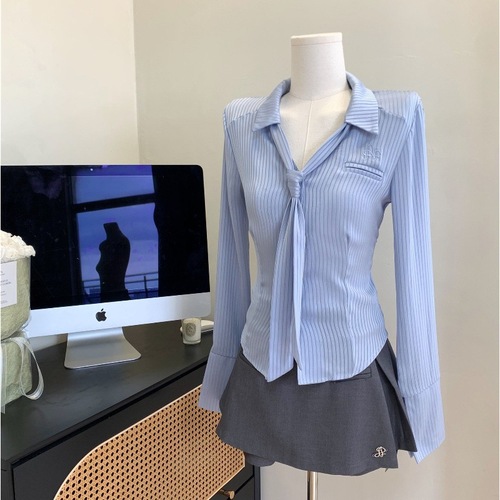 Smooth waist-cinch slimming stand-up collar solid color women's long-sleeved shirt with tie two-piece set with skirt or pants
