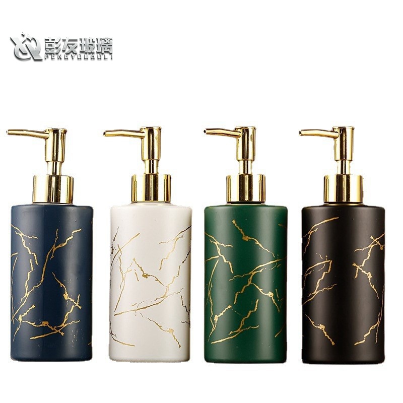 Wholesale soap bottle marble pattern glass bottle shower gel refill bottle push type hand sanitizer glass bottle
