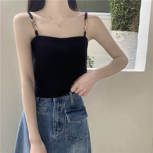 Black chain knitted camisole women's outer wear  new summer Korean style versatile sleeveless short top