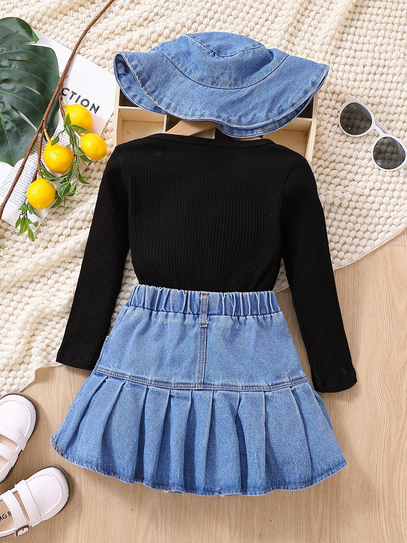 Abbigliamento per bambini 2024 Set di 3 pezzi con top con scollo a V e gonna in denim e cappello, per ragazze_voghion.com