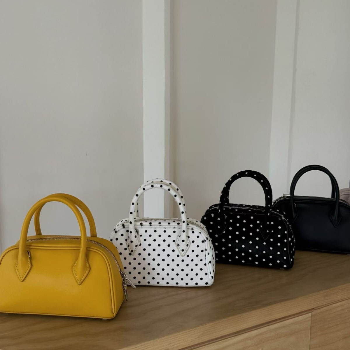 Niche Design Horsehair Polka Dot Boston Handbag Genuine Cowhide Leather Commuter Small Tote Bag - Thumbnail 4