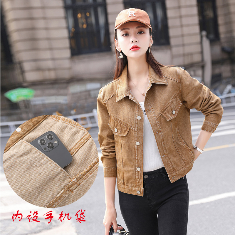 Real shot in stock Denim coat women's net red shirt khaki Korean style top Hong Kong style tooling solid color slim pocket