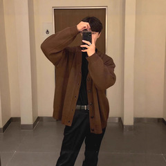 韩系深V领针织开衫男美式复古宽松卫衣外套包芯纱羊毛衫排扣夹克
