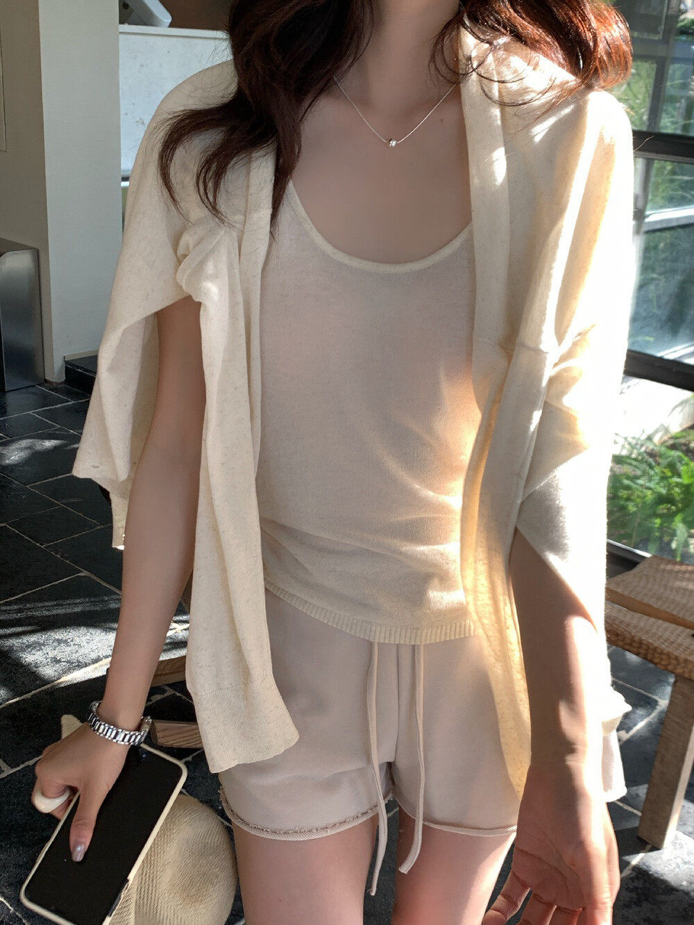 Bộ cardigan len phối áo hai dây nữ phong cách lười biếng mùa hè — yến mạch chi tiết 15