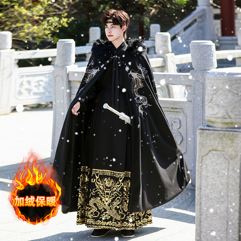 Winter Black Ancient-Style Thickened Fleece Warm Long Hooded Coat with Large Fur Collar, Ancient Costume Hanfu Cloak for Men