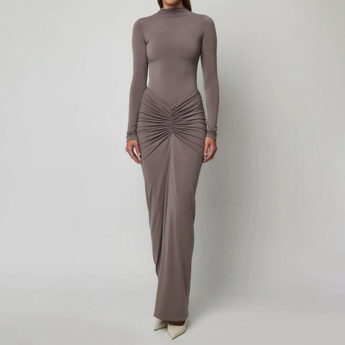 Cross-border 2025 Spring New European and American Women's Fashion Elegant Pure Color Slim Fit Pleated Mermaid Dress 661