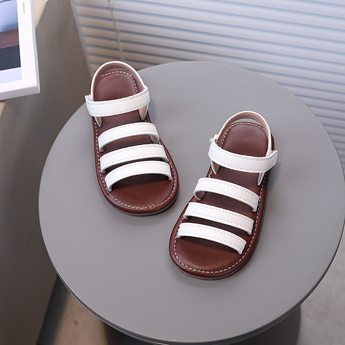Fashionable children's sandals, retro summer open-toe beach shoes, soft sole, comfortable and versatile, simple and elegant princess shoes.