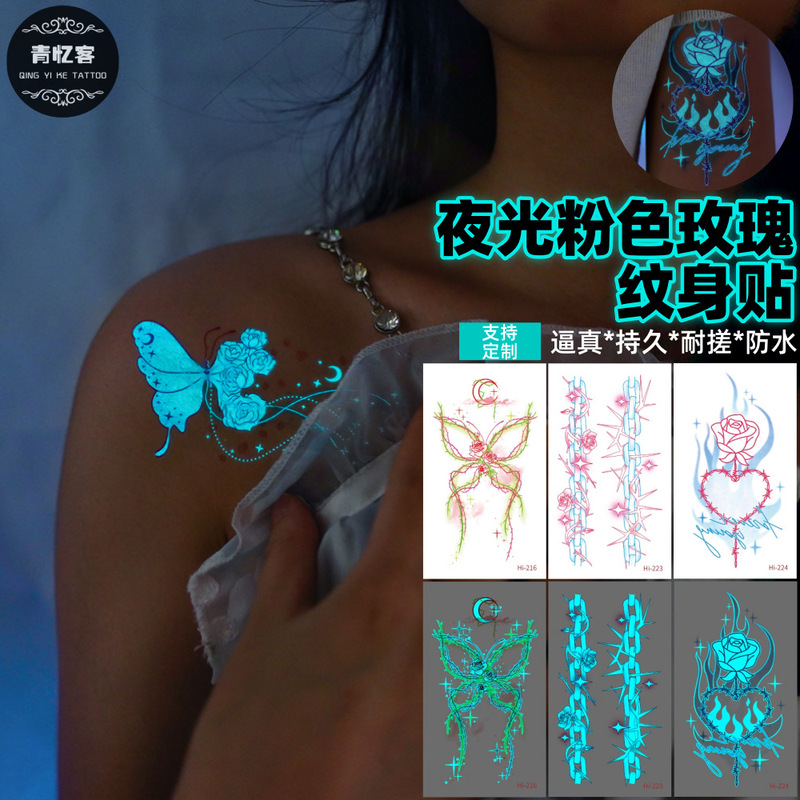 Cross-Border Supply Wholesale Blue Luminous Rose Temporary Tattoo Stickers High-End Simulation Butterfly Collarbone Beauty