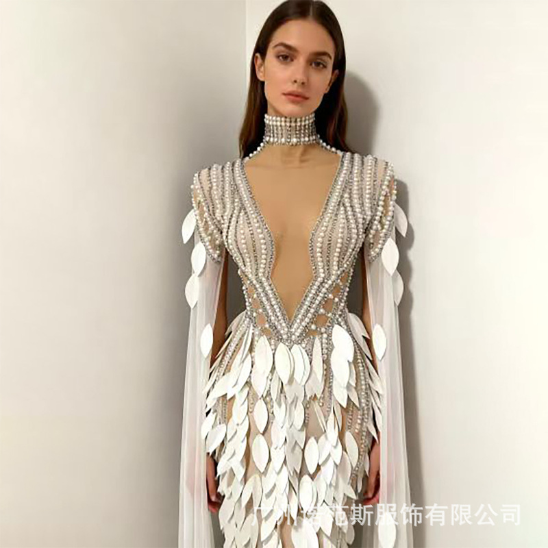 Stylish White Sequin Fairy-Like Flowing Ball Gown Evening Dress, Fashionable Birthday Party Banquet Pearl Rhinestone Dress Stylish White Sequin Fairy-Like Flowing Ball Gown Evening Dress, Fashionable Birthday Party Banquet Pearl Rhinestone Dress