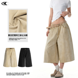 11Kn American Denim Khaki Cropped Pants for Men and Women Washed and Distressed Retro Wide-Leg Trendy Straight Loose Casual Shorts