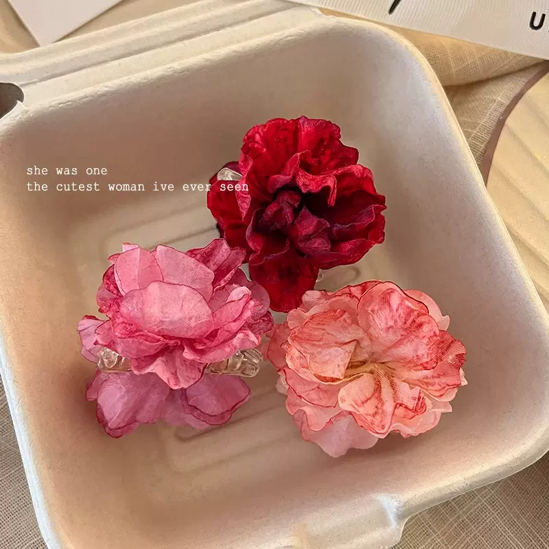 国风花花发夹侧边夹丸子头花簪花发卡马尾花朵小夹子山茶花小抓夹