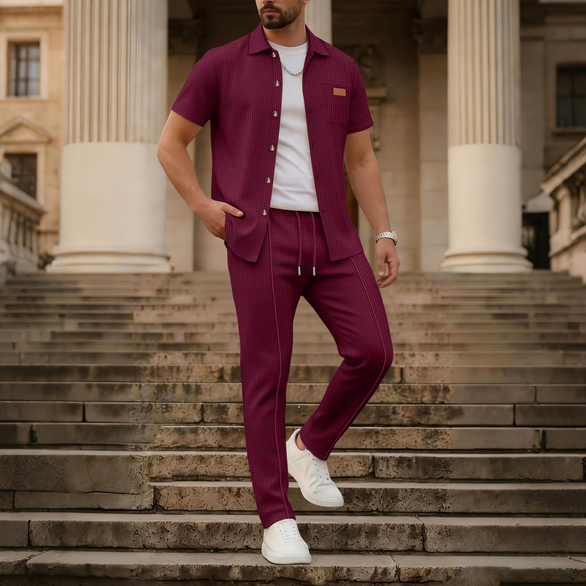 Herren Waffelstrick Set Hemd Mit Hose Zweiteiler Sommer Mode_voghion.com