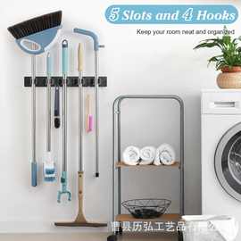 跨境黑色扫帚架壁挂式木质拖把扫帚收纳架带插槽挂钩花园工具